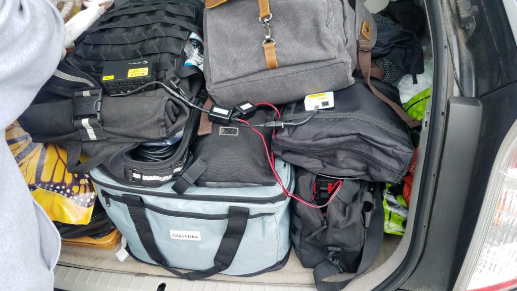 An open hatch back of a vehicle loaded with bags. There is a Raspberry Pi in a case and travel wireless router attached to a battery in a bag.