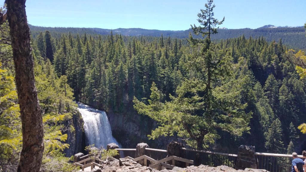 A waterfall, trees, and mountains with a walkway and railing in the bottom of the frame.