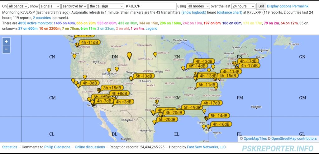 Image of https://pskreporter.info showing contacts from my station to others througout the US.