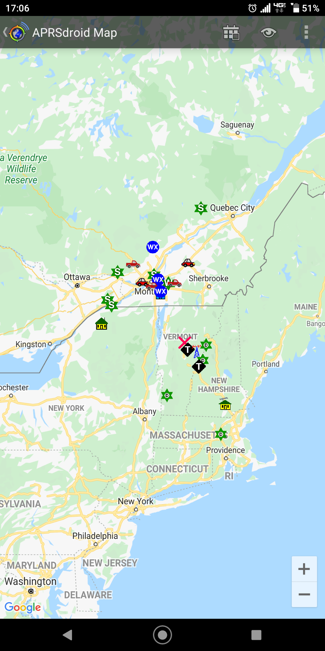APRSDroid screenshot showing several APRS icons ranging from Qubec City Canada through eastern Massachusets.