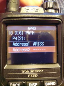 Yaesu FT3D radio's APRS path configured to be "ARISS".