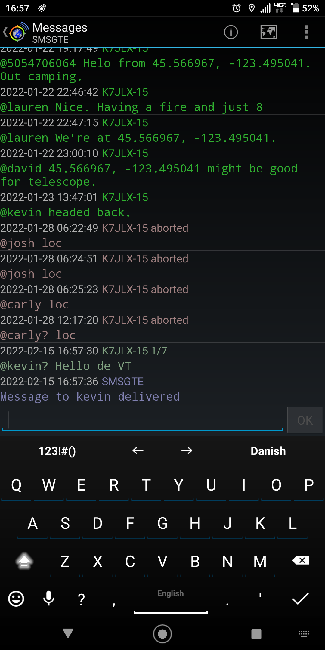 A phone screenshot of APRSDroid showing messages to a station called SMSGTE saying "Hello de VT" being sent to a user called "kevin" and a message reading "Message to kevin delivered".